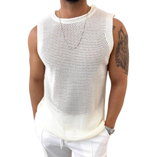 Herren Weste Rundhals Ärmellos Sommer Atmungsaktive Weste Einfarbig Hohl Strick Tops Fitness Home Wear XXL weiß