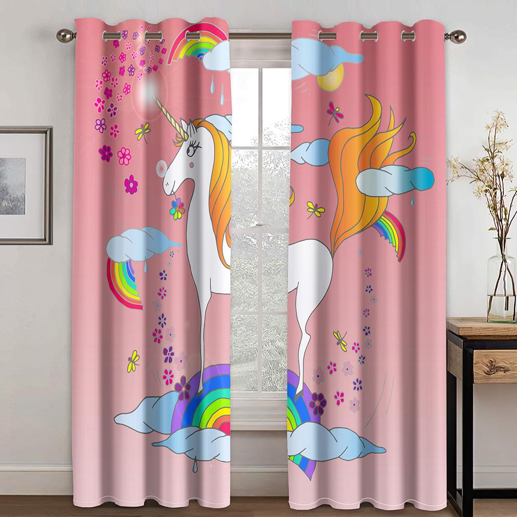 Kinderlieblings-Einhorn-Vorhänge Regenbogen-Pferde-Muster Sonnenschutz-Vorhänge Jungen-Mädchen-Zimmer Schlafzimmer Dekorativer Stil Vorhänge 50W60H(CM)X2&HOOK