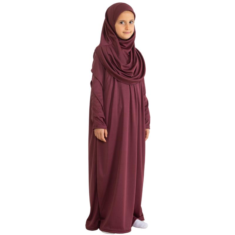 Gebetskleid für Kinder, muslimische Kleidung für Mädchen, langärmelig, Abaya mit Hijab, zweiteiliges Maxi-Islamisches Set, Schal, Kaftan, Jilbab Kirschrot