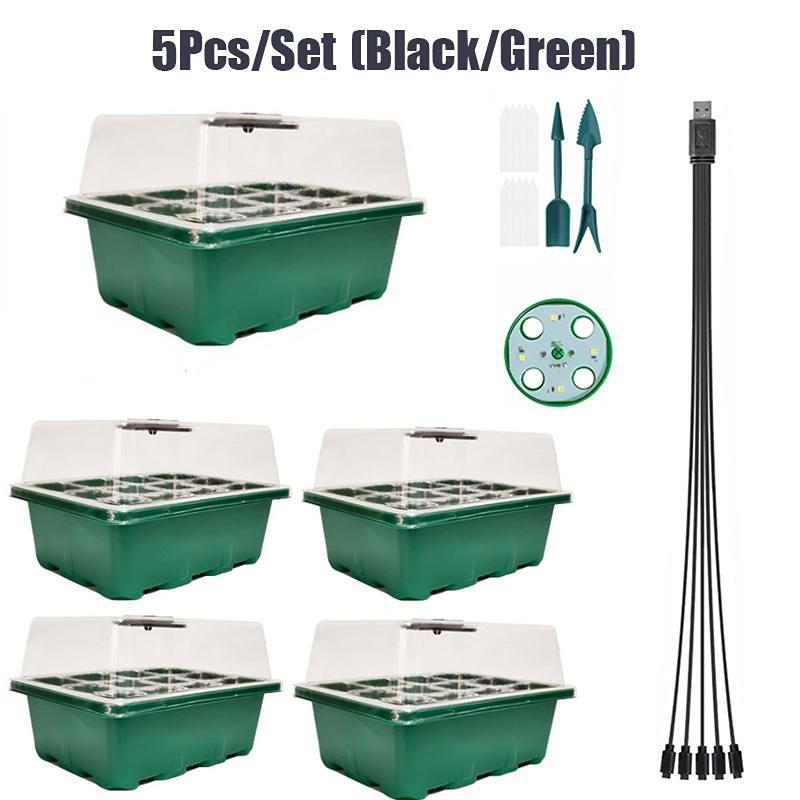 5 Teile/satz Pflanzenzucht Tablett Set LED Licht Kindergarten Töpfe Wachsenden Zellen Feuchtigkeit Box Gewächshaus grün
