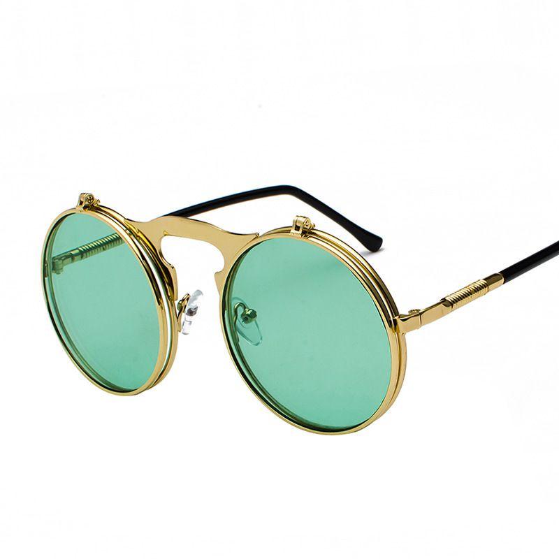 Retro Mode Vintage Gothic Runde Aufklappbare Steampunk Brille Vintage Cyber Punk #9 Gold Green blue