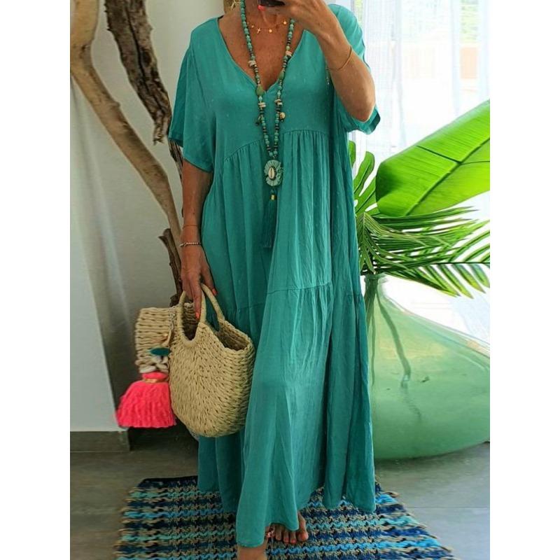 Damen Sommer Freizeit Baumwolle Leinen Kleid V-Ausschnitt Kurzarm A-Linie Sommerkleider Plissiert Fließend Locker Sitzend Lange Kleider 3XL pfau blau