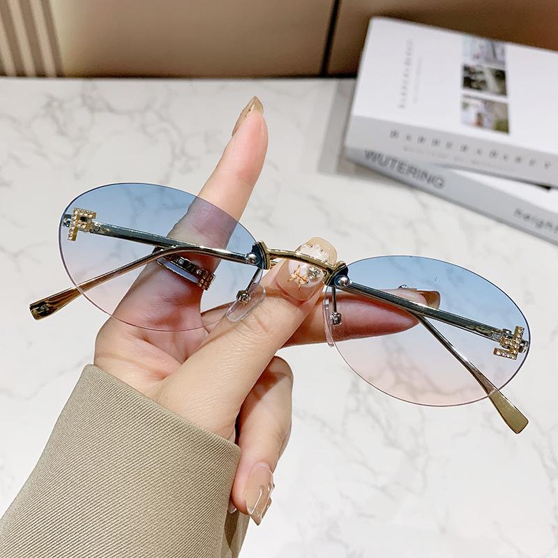 Elegante Diamant Oval Sonnenbrille Männlich Buchstabe F Randlose Sonnenbrille Weiblich