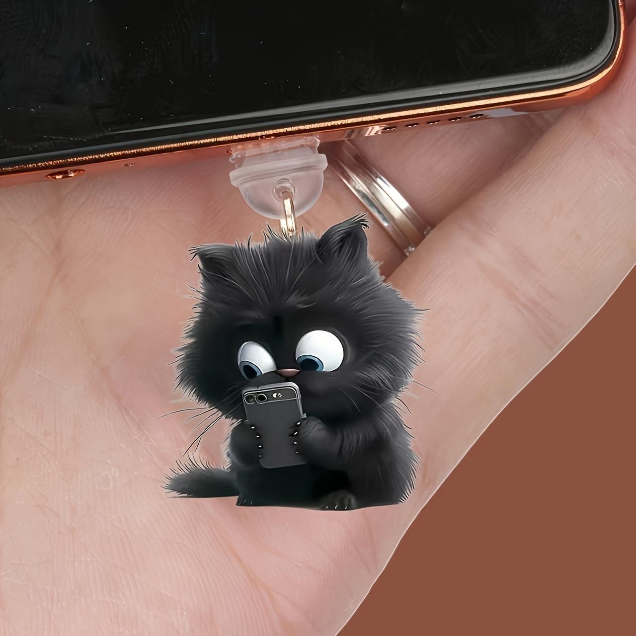 2D Flacher Acryl Schwarze Katze Handy Staubschutzstecker Für Iphone Universal Typ-C Ladeanschluss Schutzstopfen Anti-Staubstecker Anhänger For iPhone5-14
