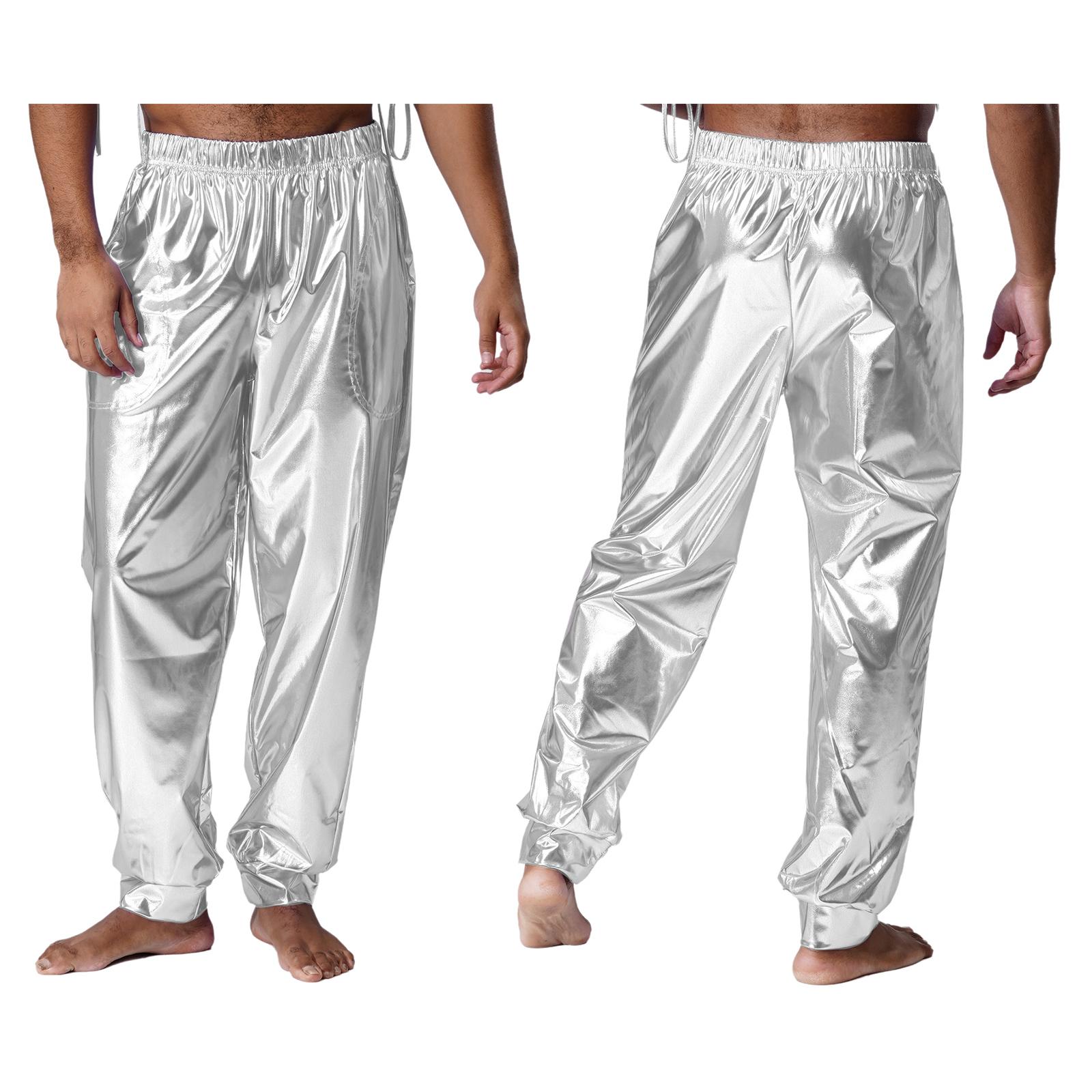 M-XXL Herren Glänzende Metallic Hose Hohe Taille Elastische Taille Sporthose Metallischer Glanz Modern Dance Hose Lockere Hose M silber