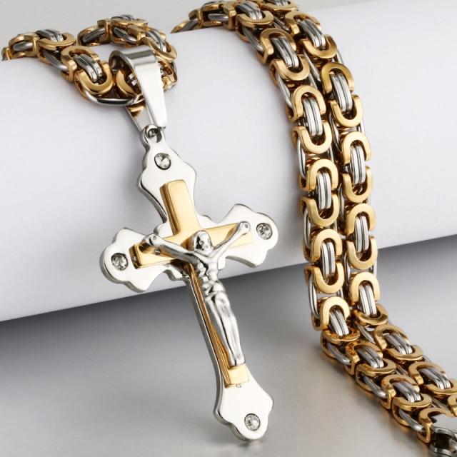Robuste Halskette mit Kreuzanhänger für Herren, goldfarben, Edelstahl, byzantinische Kette, Herren-Halskette 70cm