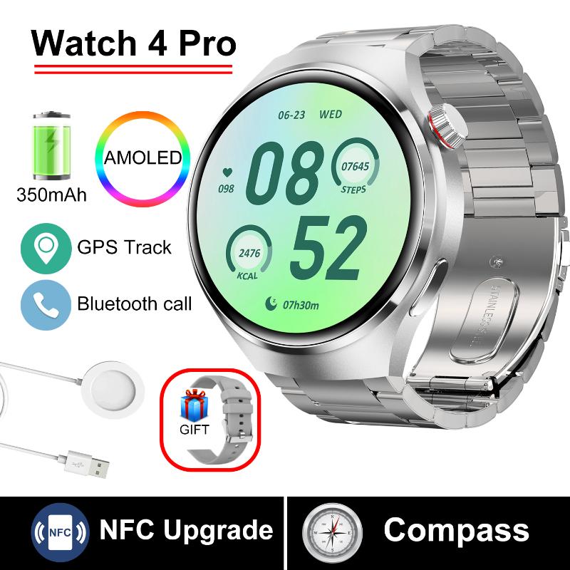 2025 Neue WATCH 4 Pro Gesundheits-Smartwatch Herren 360*360 AMOLED-Bildschirm NFC GPS-Tracker Kompass BT-Anruf Blutsauerstoff IP68 Sport-Smartwatch Steel belt silber