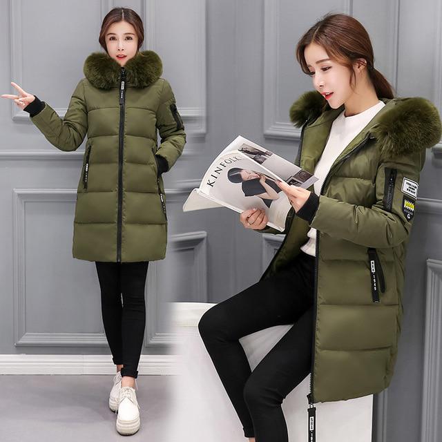 Winter Unten Baumwolle Jacke Frauen Lange Mantel Parkas Verdickung Weibliche Warme Kleidung Kaninchen Pelz Kragen Hohe Qualität Jacke 3XL armee grüne