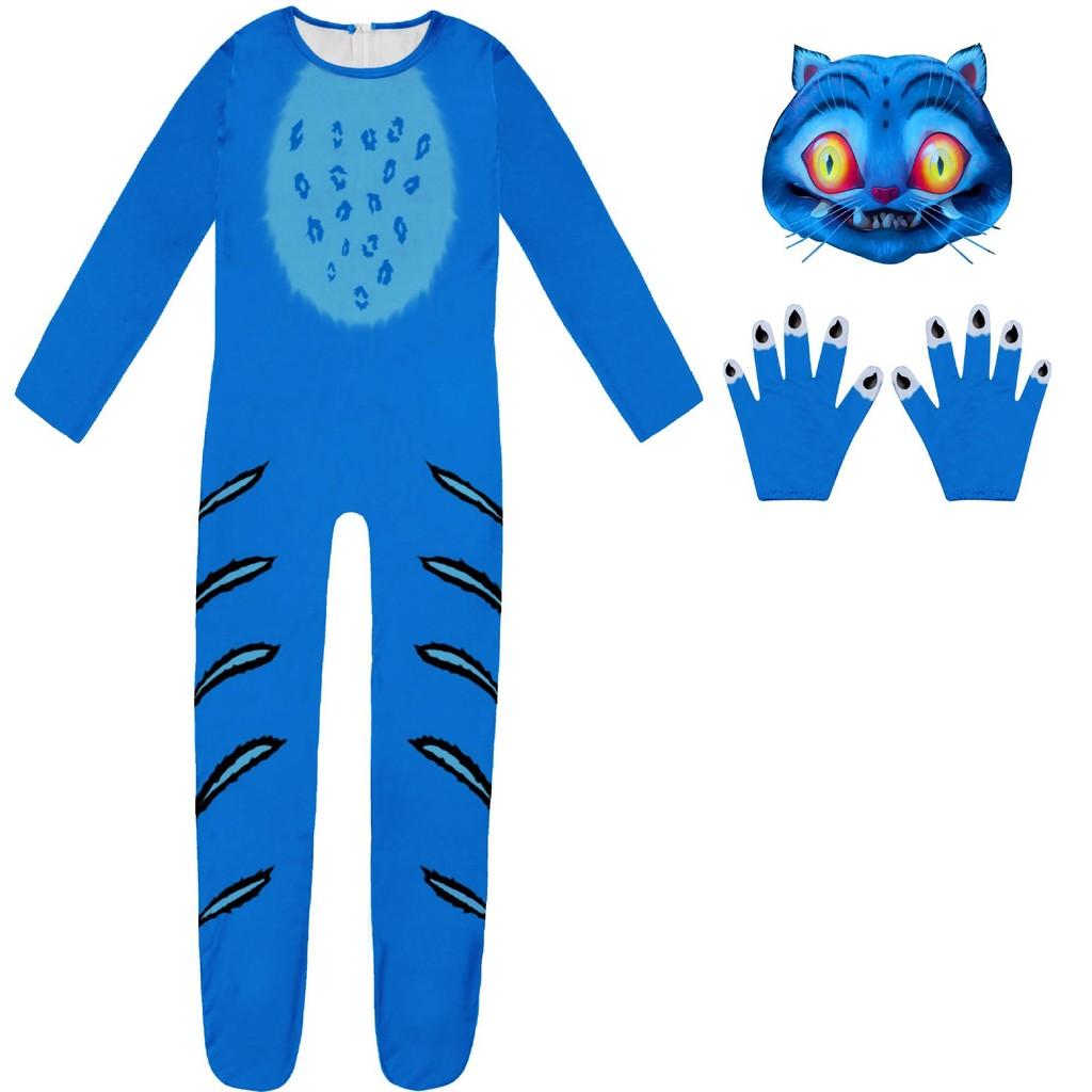 Kinder Jungen Mädchen Anime Cartoon Tiger Tiere Bedruckter Jumpsuit Handschuhe Maske Set Halloween Cosplay Kostüme 120cm blau
