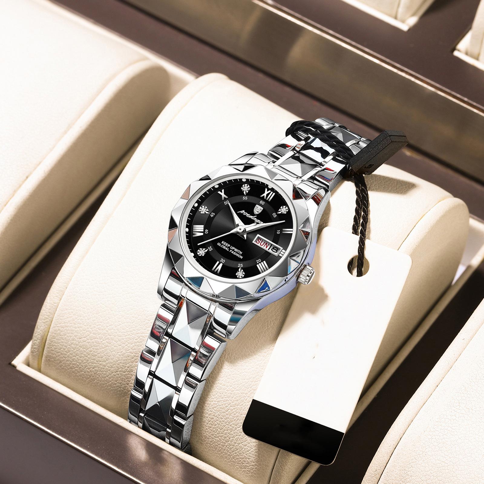 POEDAGAR Elegante Quarz Damen Armbanduhr Auto Datum Top Marke Original Uhr Für Frauen Luxus Wasserdicht Leuchtende Handgelenk Uhren schwarz/silber