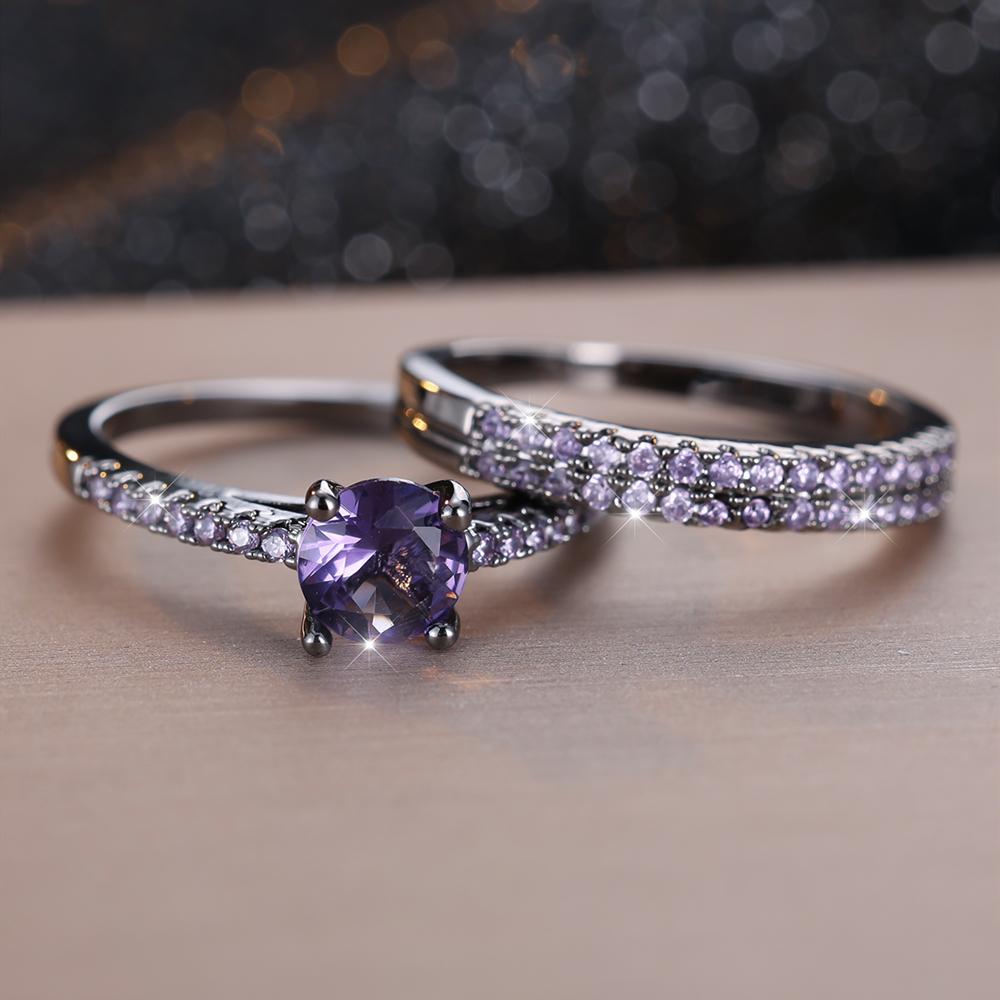 Glänzender Zirkoniastein, Mikrogepflasterter Brautring, Romantische schwarze Verlobungsringe, Hochzeitsschmuck, Geschenk 9 violett/schwarz