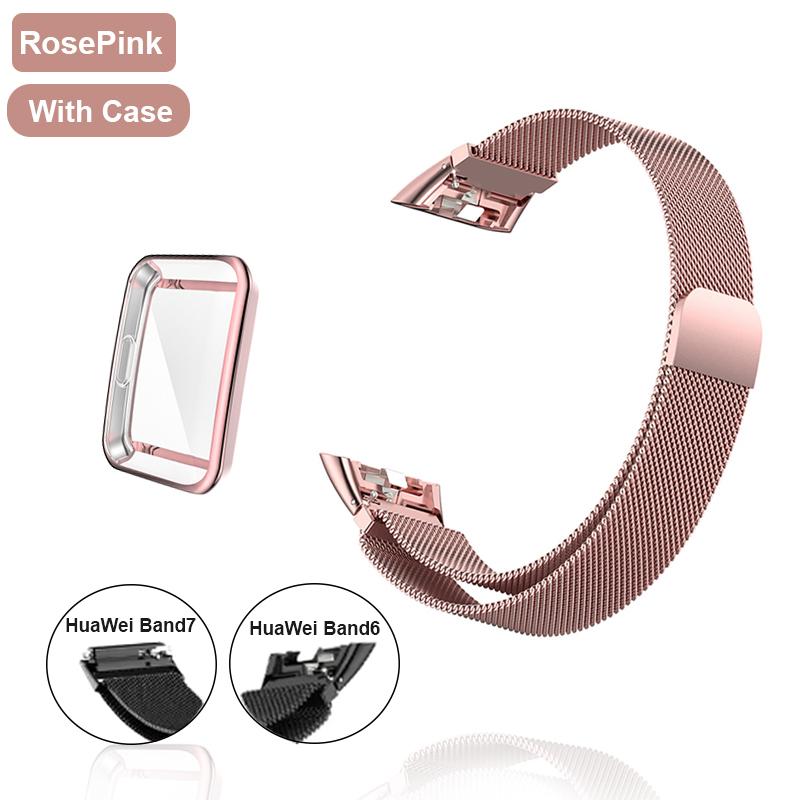 Metall-Uhrenarmband für Huawei Band 6, 7, Band, Honor 6, Armband mit TPU-Hülle, Displayschutzfolie, weicher Film, Huawei Magnetschlaufenband For Huawei Band 6 rosa