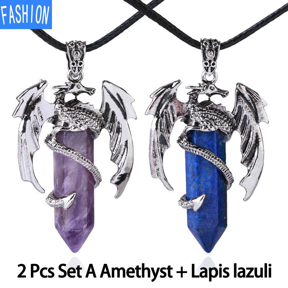 Drachen-Anhänger-Halskette für Männer und Frauen, coole Heilkristall-Amethyst-Halskette, natürliche Rosenquarz-Halskette, westlicher Drachen-Schmuck Amethyst+Lapis Lazuli