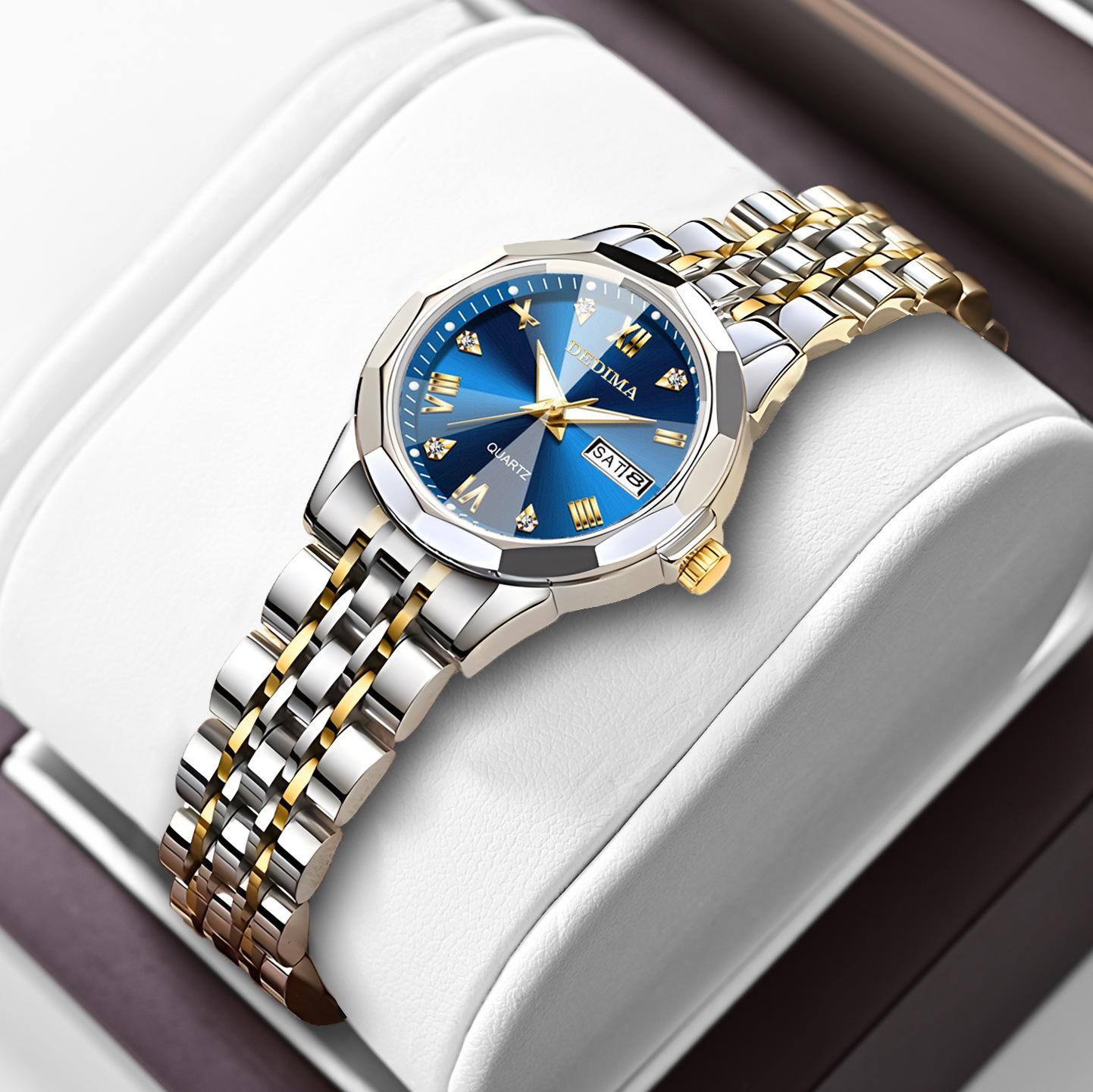 Luxus Damen Armbanduhr Wasserdicht Leuchtend Datum Woche Frauen Quarzuhr Edelstahl Damen Uhren blau