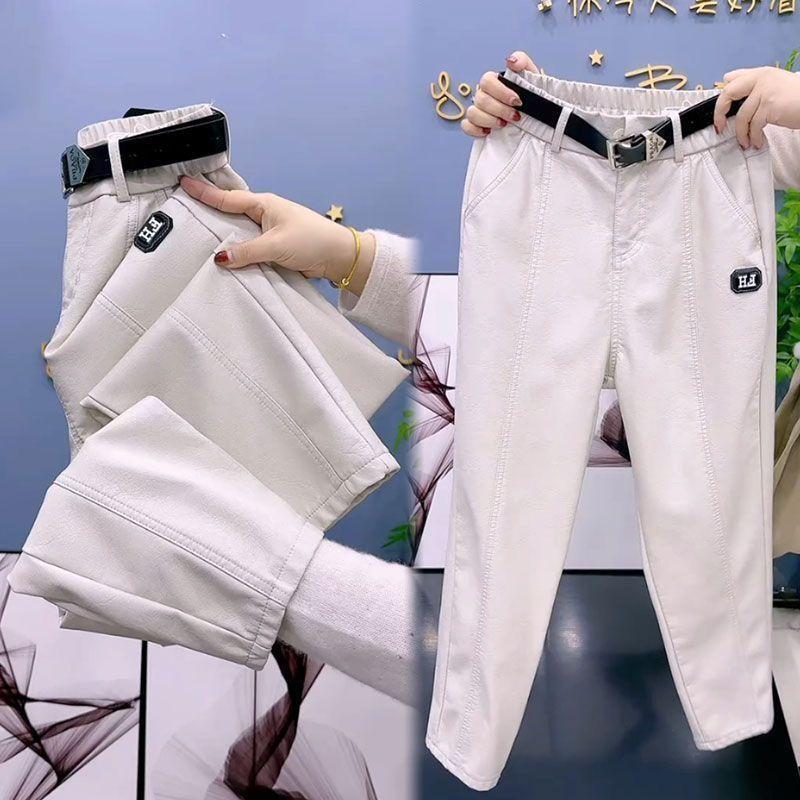 Mode Y2k Lederhose PU Lässig Gerade Hosen Locker Schlankend Übergröße Hohe Taille Haremshose Damen S elfenbein