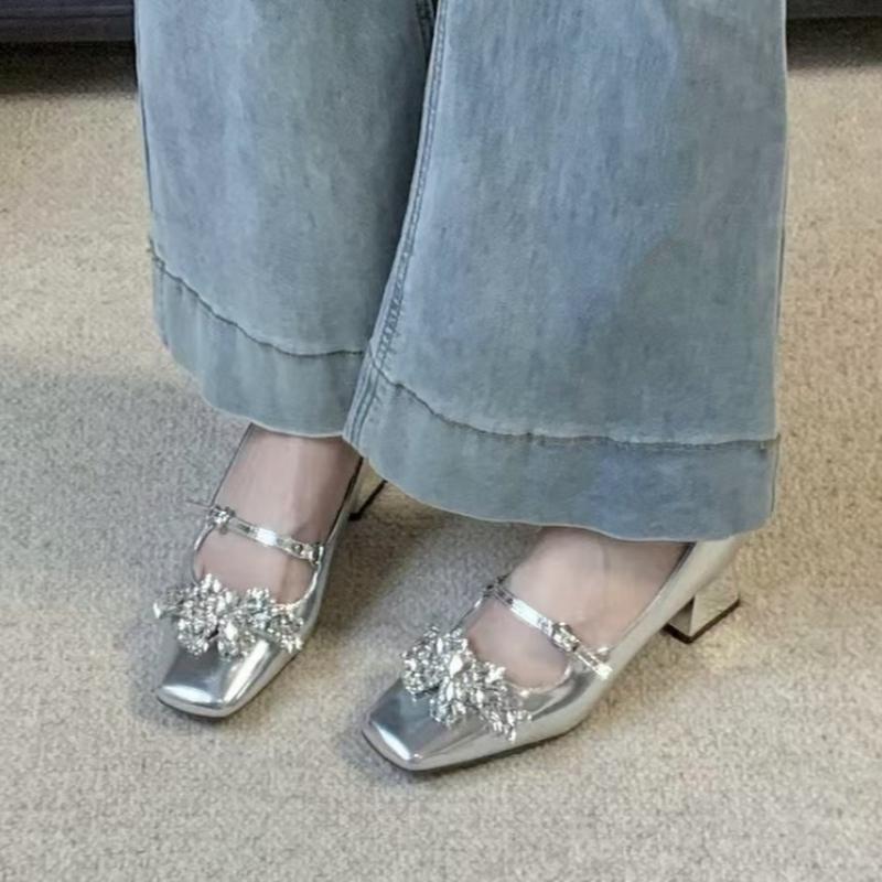 Schuhe für Damen Schnallenriemen Damen High Heels Mode Kristall Schleife Kleid Pumps Damen Neue Eckige Zehenabsätze Damen 39 silber