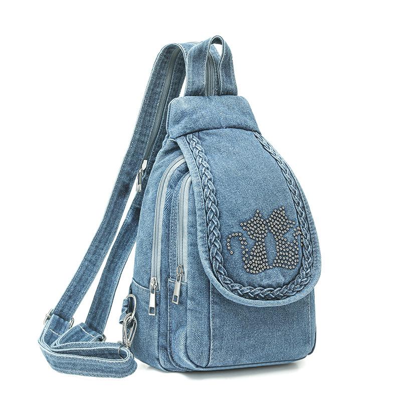 Rucksack Damen Umhängetasche Mehrzweck Brusttasche All-Match Jeans Rucksack hellblaue