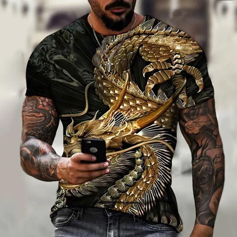 Herren-T-Shirt für Herrenbekleidung, übergroßes T-Shirt, chinesischer Drache, Grafik, 3D-Druck, Sommer, lässig, modisch, kurzärmelig XL