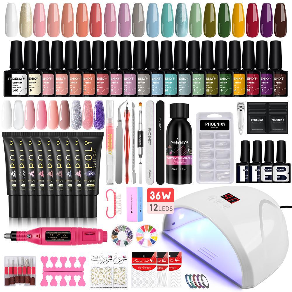PHOENIXY Nagel-Set mit Nagellampe, Nageltrockner, Nagelbohrmaschine, Maniküre-Set, Einweich-Nagelkunst-Werkzeug-Set, Poly-Nagelgel-Nagellack-Set set 01