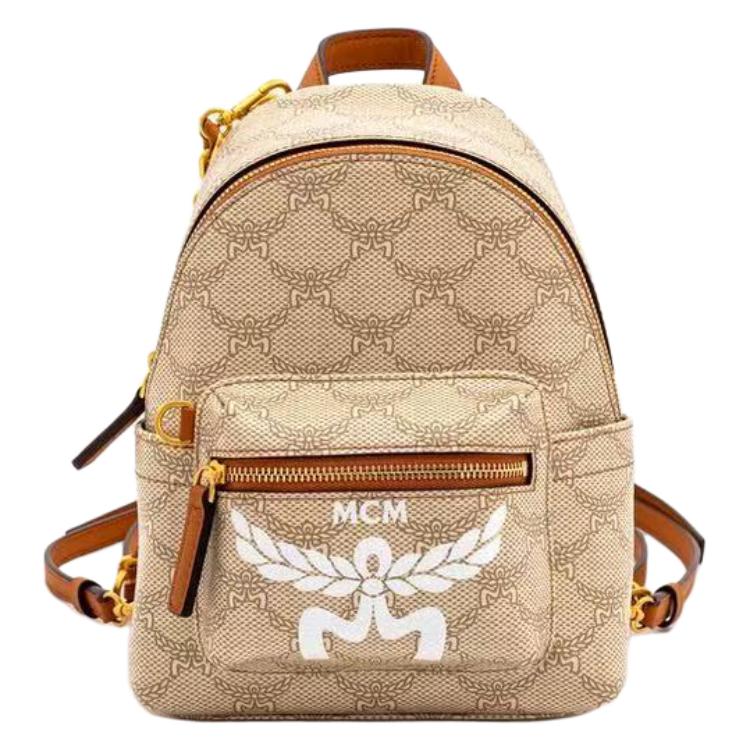 MCM Stark Lauretos Monogram Beschichtetes Canvas Und Leder Mini Rucksack Damen Rucksack Beige MMKESVE03I9001 Basic Set (Bag+Dust Bag)