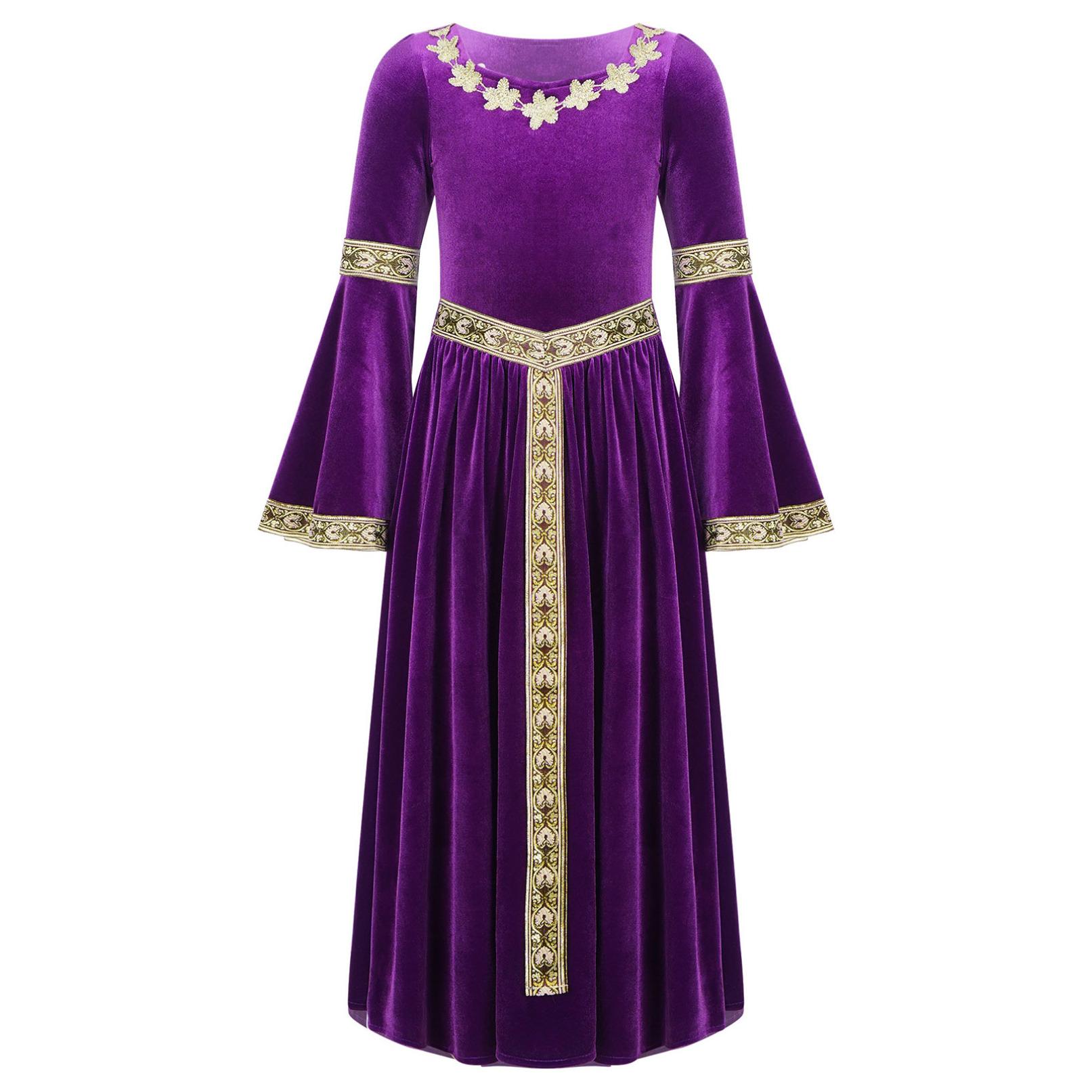 Kinder Mädchen Mittelalter Renaissance Prinzessin Kostüme Samt Vintage Maxikleid Ballkleid Halloween Kostüm 11-12 Years violett