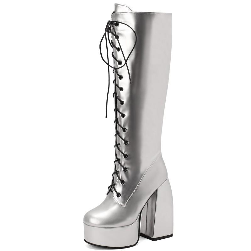 Sexy Lace Up Plateau Lange Stiefel Damen Dicke Gothic Heels High Knee Boot Winter Rot Schwarz Grün Fetisch Party Schuhe Große Größe 48 34 silber