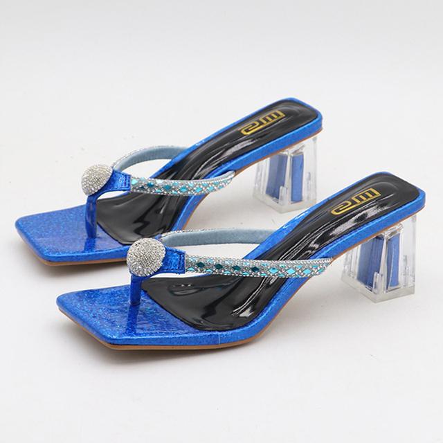 Sommer Flip Flops Gold Slides Silber Frauen 6cm High Heels Pantoletten Hausschuhe Kristall Glitter Low Heels Bling Mode Schuhe 39 blau