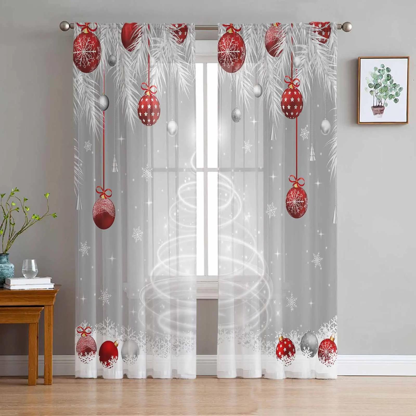 Weihnachten Winter Silber Zeder Blätter Transparente Vorhänge zur Wohnzimmerdekoration Fenster Vorhänge Küche Tüll Voile Vorhänge W135 x H215cm x2