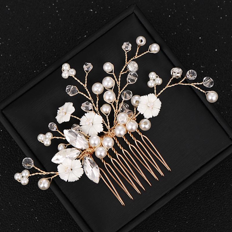 Handgefertigte Gold Kristall Perle Hochzeit Haarkämme Haaraccessoires für Braut Kopfschmuck Kämme Frauen Hochzeit Haarschmuck Kopfbedeckung white