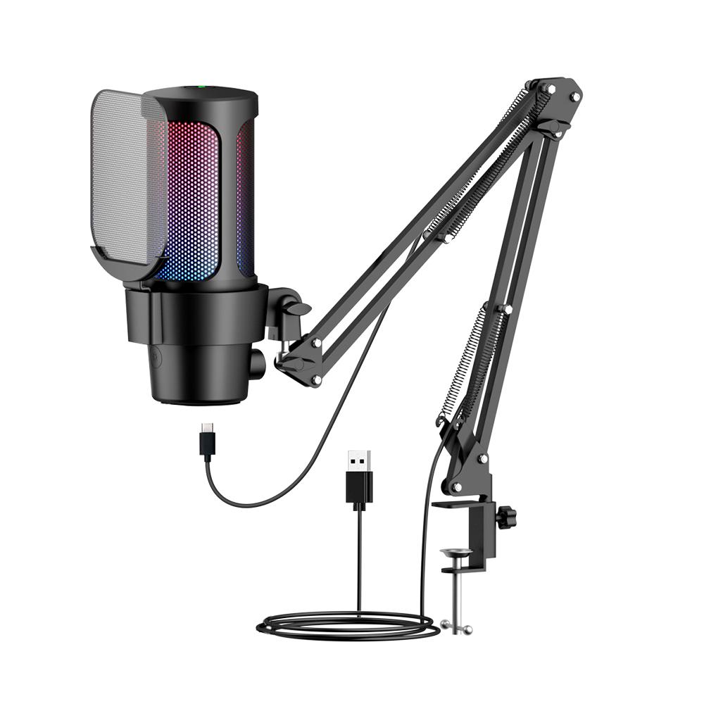 USB-Gaming-Mikrofon Computer-Mikrofon-Kit RGB-Beleuchtung Nierencharakteristik-Aufnahme Schnelle Stummschaltung und Verstärkungsregler schwarz