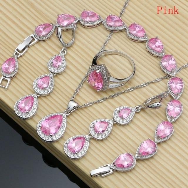 925 Sterling Silber Schmuck Weiß Cz Blau Zirkon Schmuck Sets Für Frauen Ohrringe/Anhänger/Halskette/Ringe/Armband 10 rosa