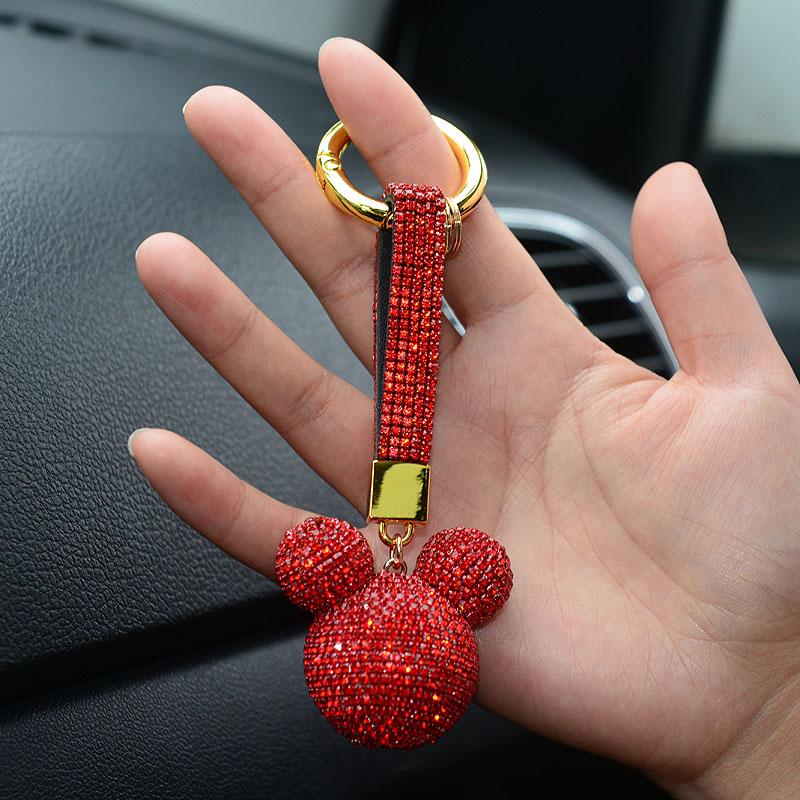 Hochwertiger Strass-Schlüsselanhänger Anhänger Mickey-Kopf Schlüsselanhänger Kralle Bling Kristallkugel Schlüsselanhänger Autozubehör Modeschmuck rot