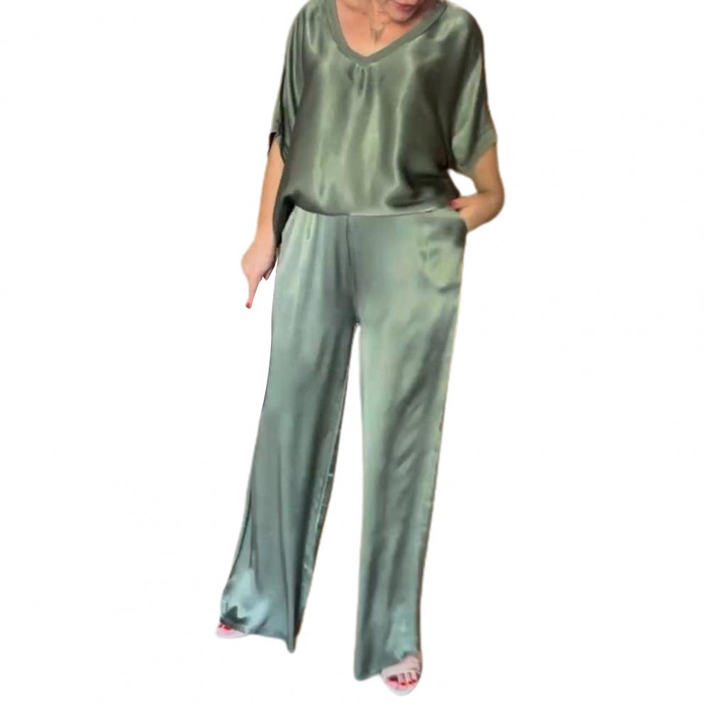 Hosenanzug mit weitem Bein für Damen, elegantes Satin-Oberteil, weites Hosenset für Damen, Bluse mit V-Ausschnitt und Kordelzug in der Taille, locker für Damen M armee grüne