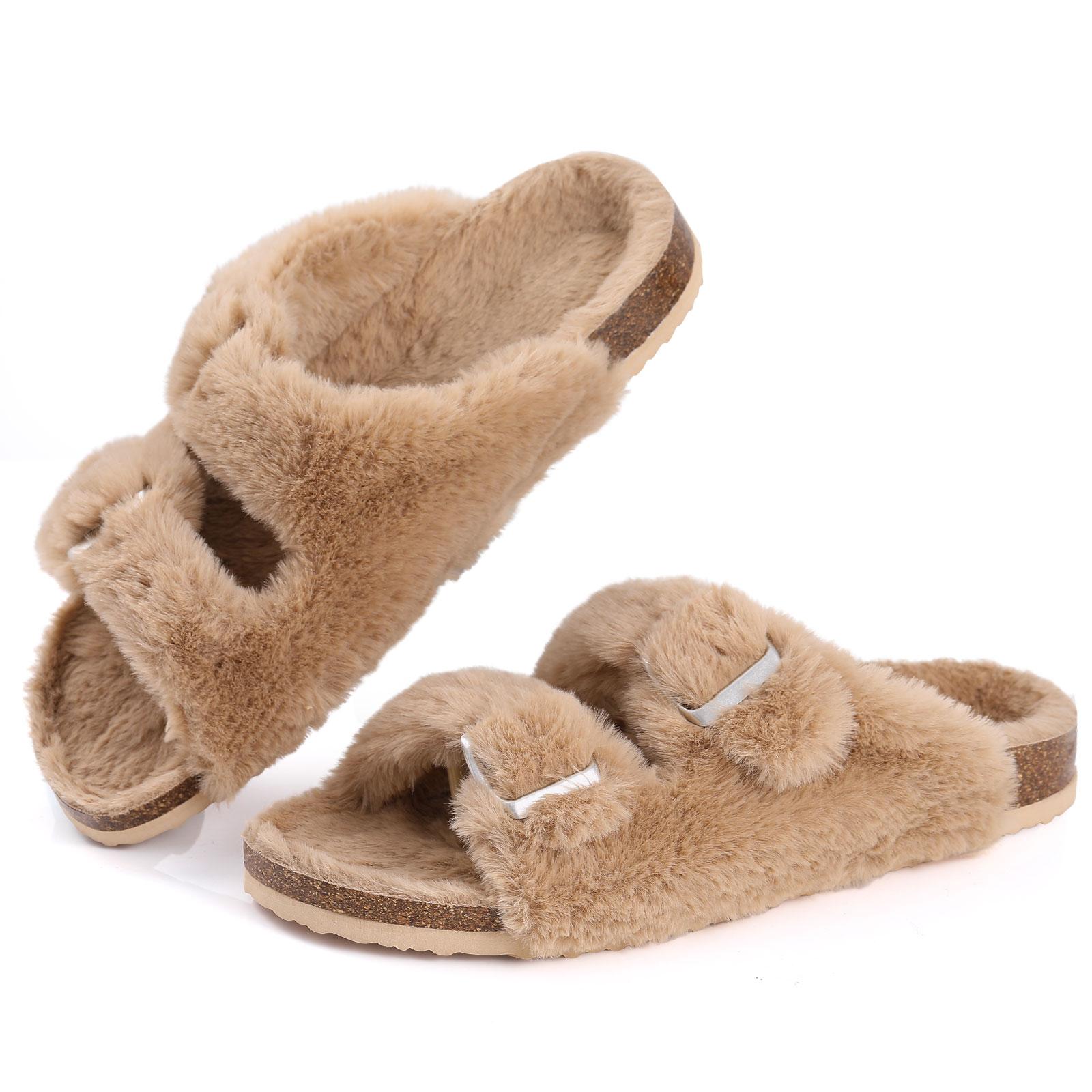 Mode Comwarm Mode Fell Kork Hausschuhe Damen Winter Flauschiges Fell Zuhause Pantoletten Offene Zehen Korkfußbett Fellige Kork Sandalen mit Fußgewölbestütze 40(24.5cm) khaki