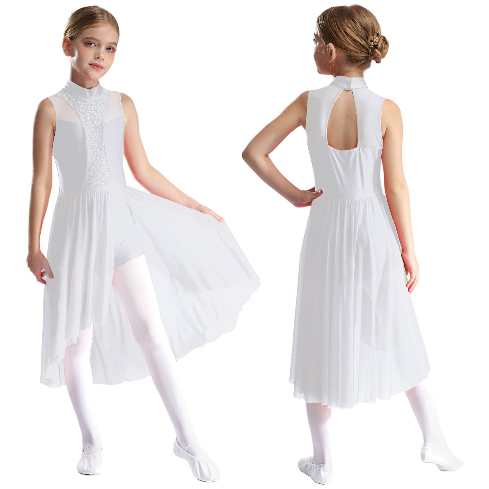 Eiskunstlauf-Tanzkleid für Kinder, Mädchen, ärmellos, Rollkragen, Cut-out auf der Rückseite, geschlitzt, asymmetrischer Saum, glitzernde Strass-Kleider 11-12 Years weiß