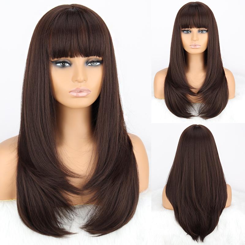 LISI HAIR Natürliche dunkelbraune, lange, gerade, geschichtete Perücke mit Pony, synthetische Faser, für den täglichen Gebrauch, lange, natürliche, gewellte Perücke 6A beige