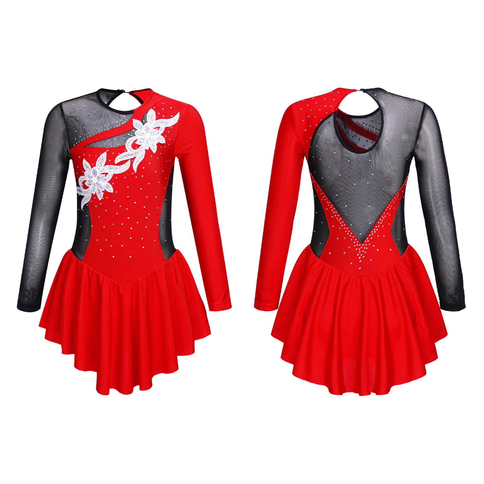 Mädchen Ballett Trikot Kleid Kinder Strass Lange Ärmel Gymnastik Eiskunstlauf Kleid Professionelle Wettbewerb Dancewear 11-12 Years rot