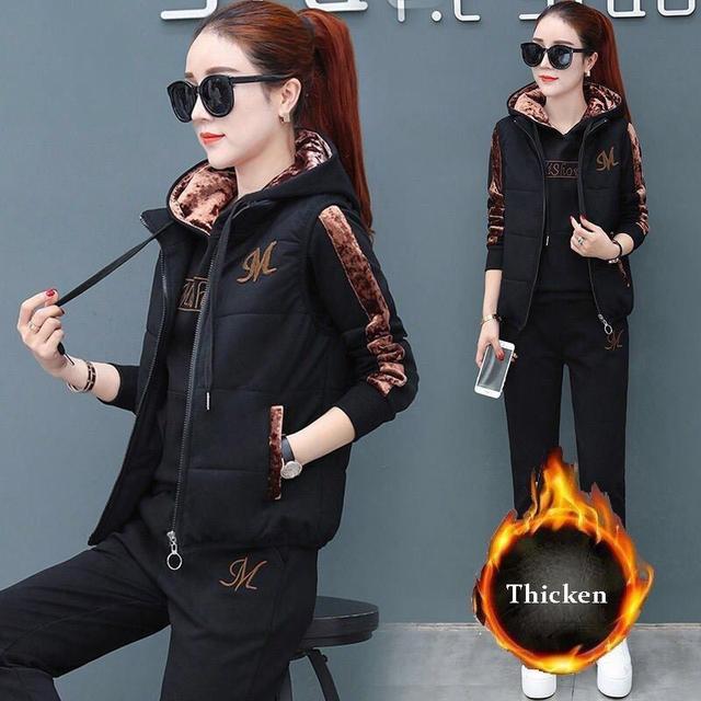 3 stück Set Frauen Anzug Trainingsanzug Winter Hoodies + Weste + Hosen Track Anzug Plus Samt Warme Sporting Anzüge Weibliche kleidung 8110924 L47.5-55kg schwarz