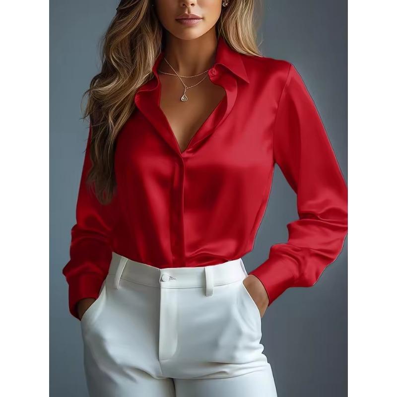 Damen Satinhemden Elegant Schlicht Langarm Bluse Büro Dame Knopfleiste Hemd Oberteil Herbst Weiblich Rundhals Shirts Bluse S rot