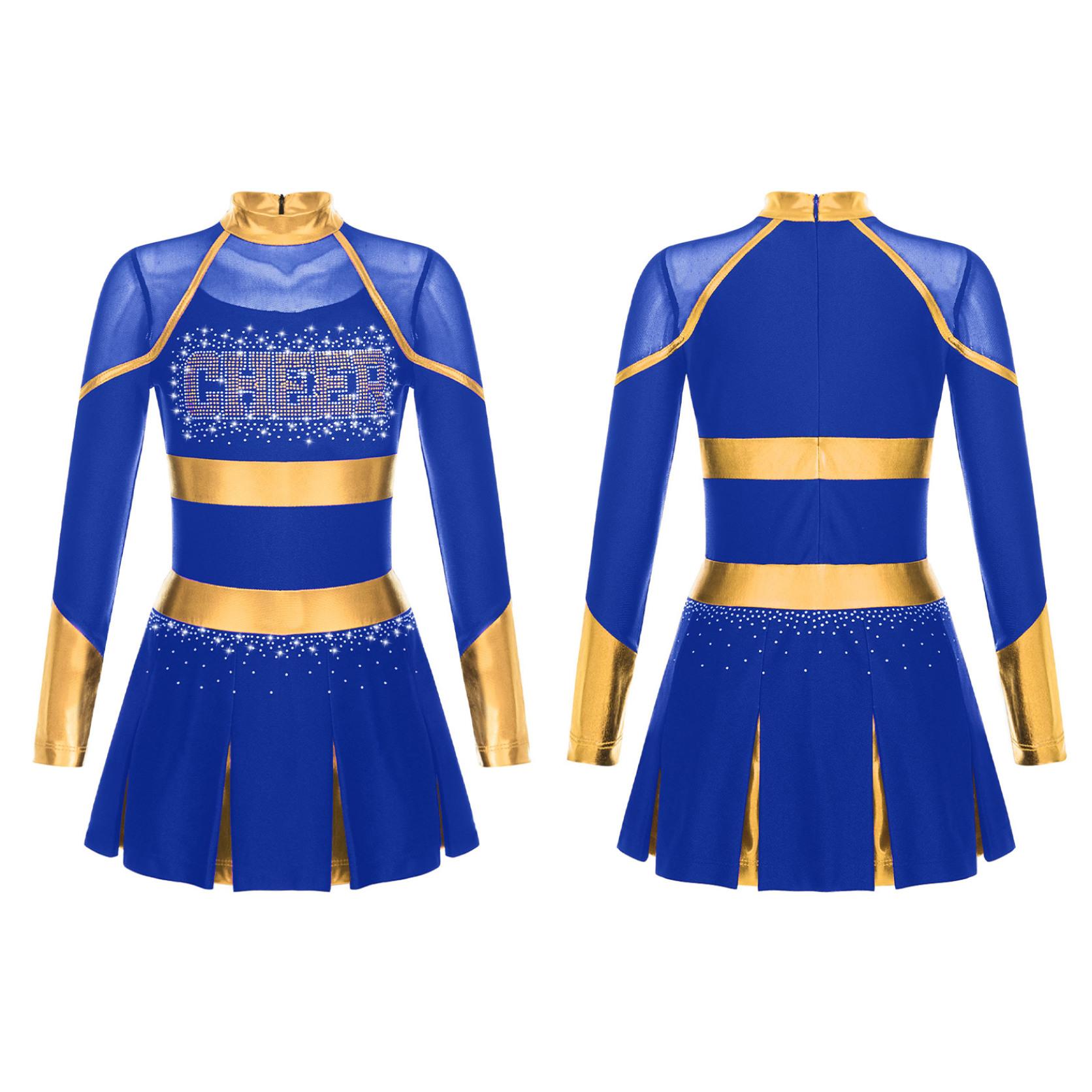Mädchen Langarm Cheerleading Uniform Tanzkleid Karneval Dancewear Kinder Cheerleading Tanzkleid 9-10 Years blau