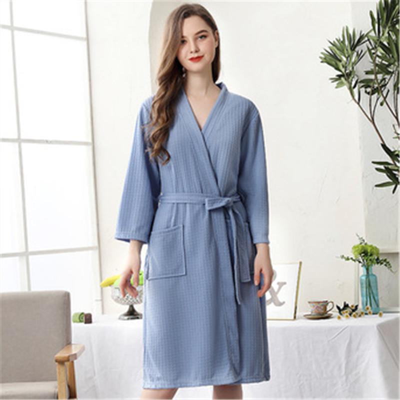 Sommer Waffel Paar Bademantel Kimono Handtuch Bademantel Männer Morgenmantel V-Ausschnitt Home Dusche Roben Frauen Nachtwäsche Liebhaber Kleidung 3XL han, die blaue