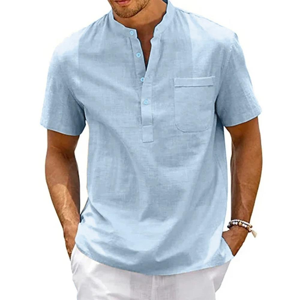 Sommer Baumwolle Leinen Neue Herren Kurzarm T-Shirt Casual Herren T-Shirt Shirt Männliche Tasche Atmungsaktiv S-3XL XXXL hellblaue
