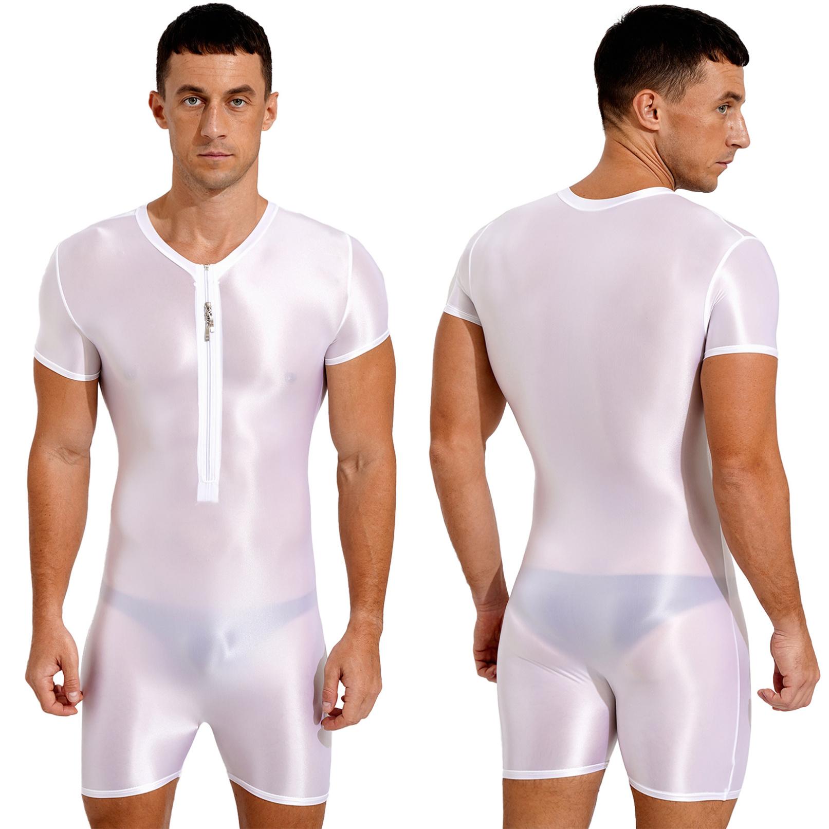 Herren-Badeanzug, kurzärmelig, Reißverschluss, Overall, glänzend, dehnbar, Rundhalsausschnitt, Sport-Fitness-Badeanzug XL weiß
