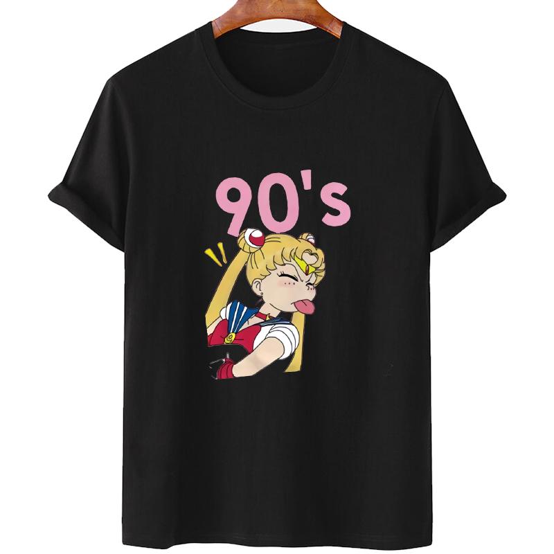 Kawaii Sailor Moon T-Shirt Damen Harajuku Ullzang Cartoon T-Shirt 90er Jahre niedlich bedrucktes T-Shirt Grunge XXL schwarz