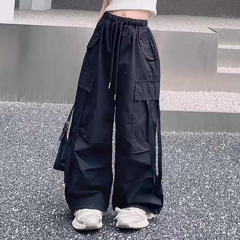 Kinder Seiten-Webband-Design Cargohosen für Mädchen Mode Street Cargo Hosen Mit Tasche Kinder Teenager Jogginghosen 140 schwarz