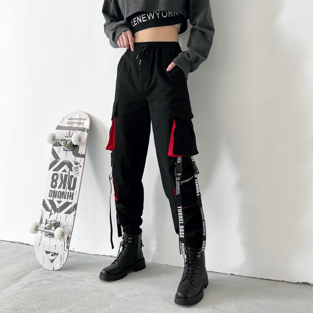 2024 frühling Herbst Harem Casual frauen Hosen Streetwear Baumwolle Bänder Jogger Knöchel Länge Cargo Hosen Für Mädchen XL schwarz