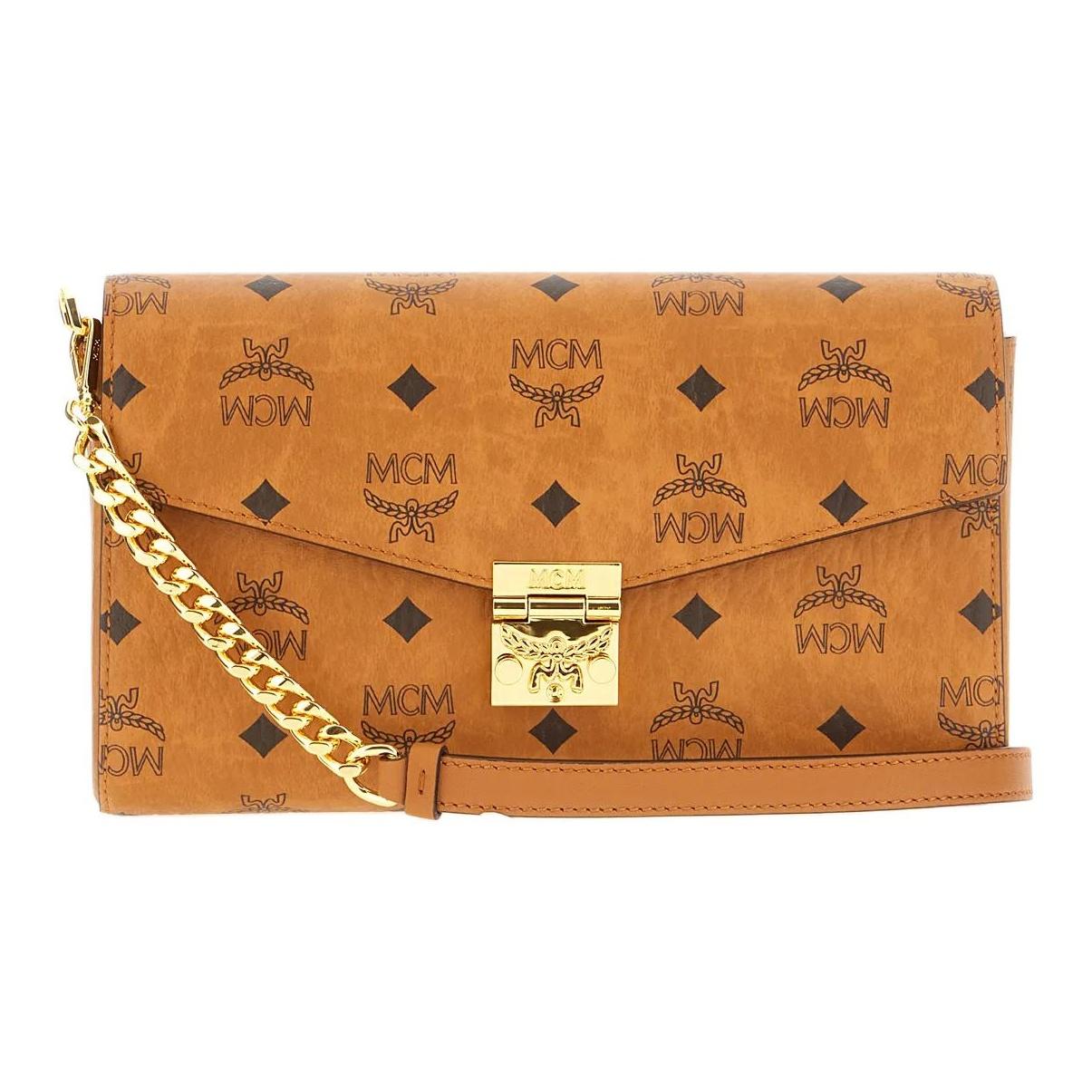 MCM Tracy Aufdruck Logo Goldene Beschläge PU Umschlag Umhängetasche Damen Taschen Braun MWREAXT06CO001 Basic Set (Bag+Dust Bag)