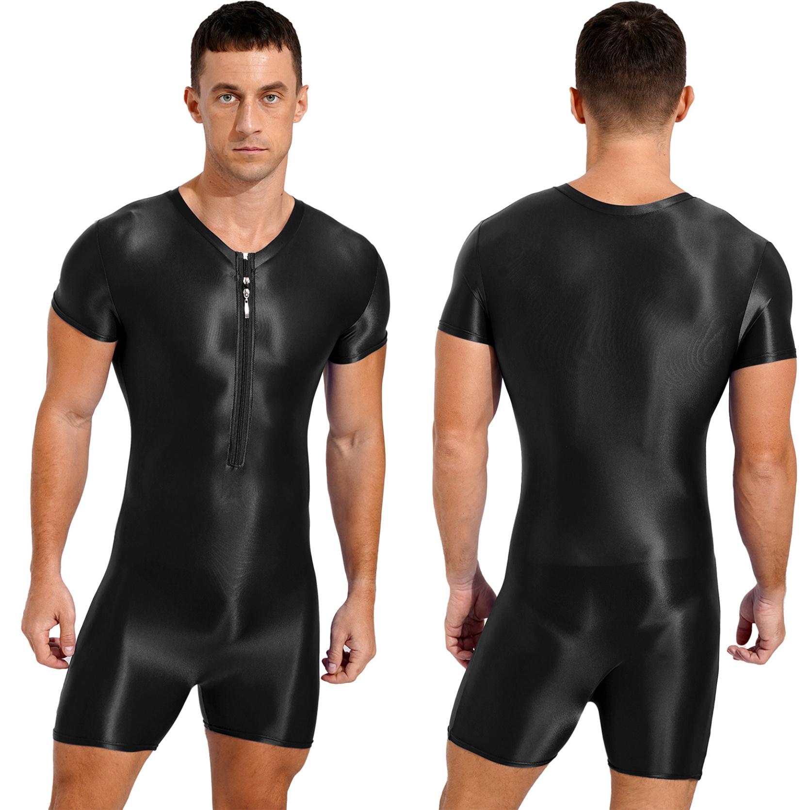 Herren-Badeanzug, kurzärmelig, Reißverschluss, Overall, glänzend, dehnbar, Rundhalsausschnitt, Sport-Fitness-Badeanzug XL schwarz