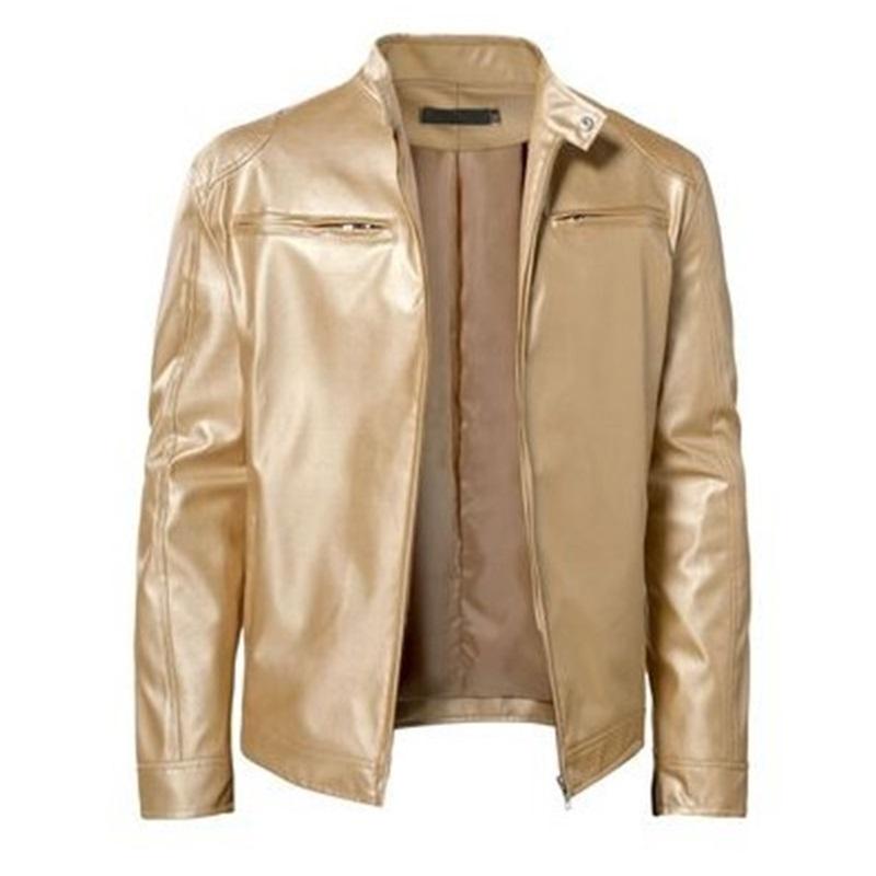 Herren Lederjacke Herren Jugend Stehkragen Punk Herren Biker Lederjacke mit Logo S gold