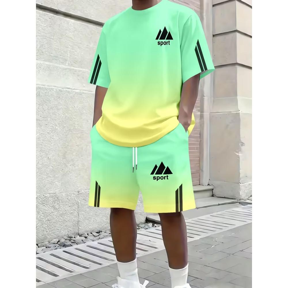 Herren T-Shirt Anzüge 2-teilige Outfits Shorts Kurzarm Rundhalsausschnitt Sommer Kokospalme Mode Lässig Urlaub Tägliche Kleidung S beige